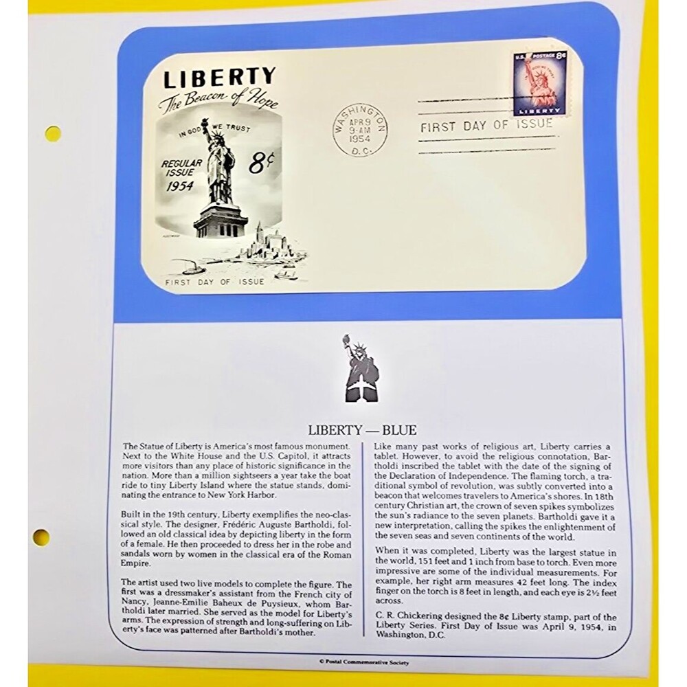 THE BEACON OF HOPE STATUE OF LIBERTY-BLUE FDC STAMP OHIO 1954